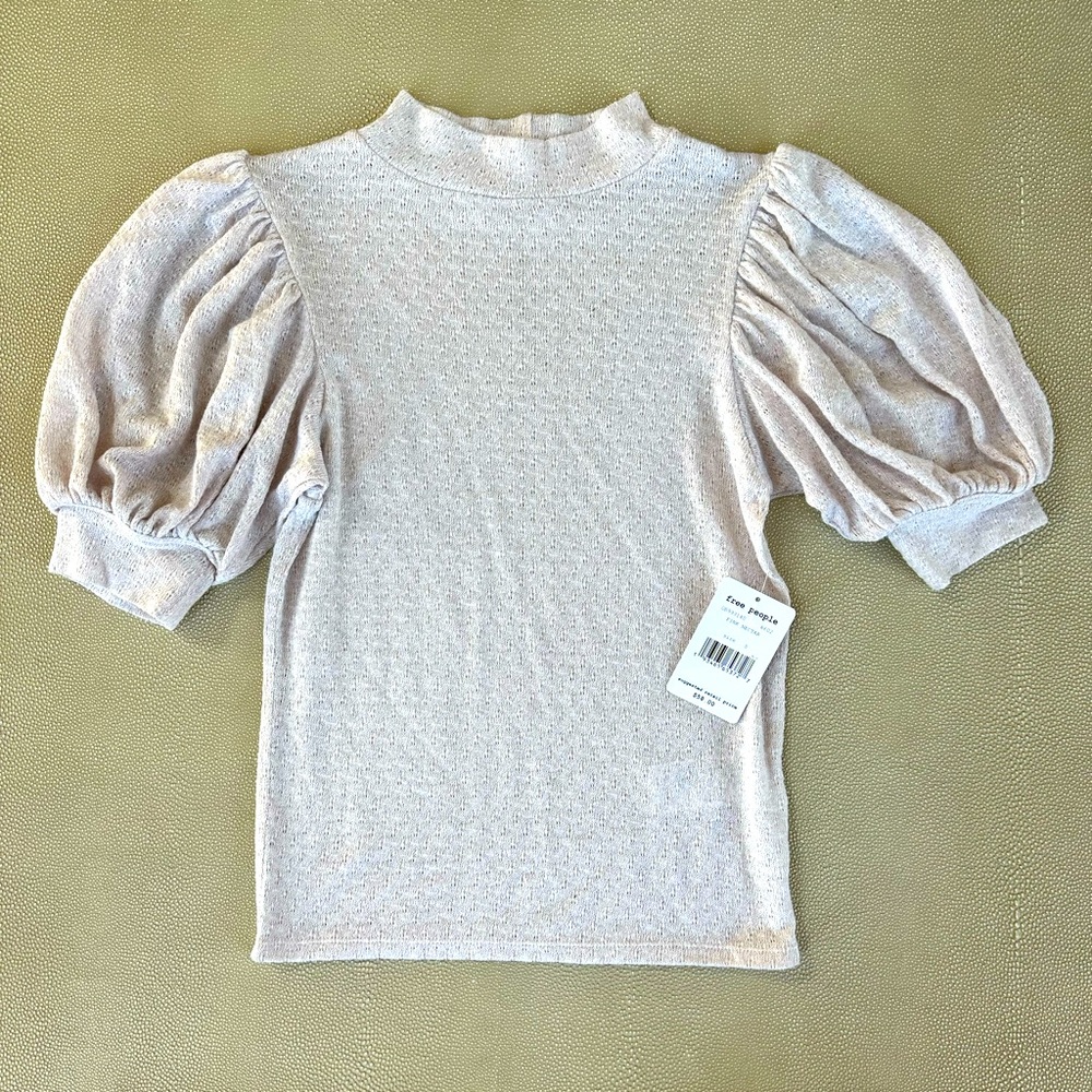 Free People Good Luck Puff Sleeve Mock Neck Textured Pink Nectar Top size small